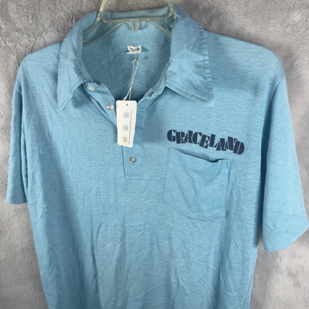Vintage 1970s Artex Graceland Elvis Presley Souvenir Polo Shirt Light Blue Large